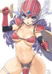  armor bikini_armor blue_eyes breasts cleavage dragon_quest dragon_quest_iii drill_hair elbow_gloves gloves helmet kiya_shii large_breasts loincloth long_hair looking_at_viewer navel open_mouth purple_hair red_armor shield shoulder_armor soldier_(dq3) solo spaulders sword underboob weapon winged_helmet 