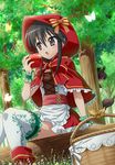  1boy 1girl animal_ears apple basket black_hair brown_eyes butterfly corset cosplay ears fruit red_hood red_riding_hood sakai_yuji shakugan_no_shana shana tail thighhighs white_thighhighs 