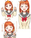  1girl amagai_shou love_live! love_live!_sunshine!! orange_hair petting red_eyes school_uniform takami_chika translation_request 