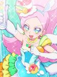  arm_up blue_hairband blue_skirt collarbone cure_parfait earrings food_themed_hair_ornament from_above gloves green_eyes hair_ornament hairband holding holding_wand jewelry kirahoshi_ciel kirakira_precure_a_la_mode long_hair magical_girl necklace pink_hair precure skirt smile solo sparkle tj-type1 wand white_gloves 