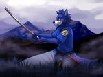  2016 5_fingers anthro blakc_nose blue_fur blue_hair canine clothed clothing detailed_background fur grass hair holding_object holding_weapon kero_tzuki male mammal melee_weapon sword weapon wolf yellow_eyes 
