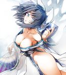  :o armpits ass bare_shoulders black_hair blue_eyes breasts cleavage collarbone fan head_tilt highres japanese_clothes large_breasts looking_at_viewer nishiide_kengorou parted_lips senran_kagura short_hair solo thick_thighs thighs yumi_(senran_kagura) 