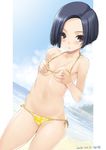  :o beach bikini black_eyes blue_hair blush bob_cut breasts cloud covering covering_breasts cowboy_shot dated day dutch_angle floral_print groin kiya_shii kobayakawa_rinko looking_at_viewer love_plus lowleg lowleg_bikini navel ocean open_mouth outdoors print_bikini short_hair side-tie_bikini signature sky small_breasts solo standing string_bikini swimsuit underboob water yellow_bikini 