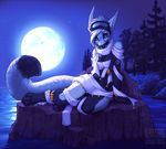  2016 5_fingers anthro barefoot blue_eyes breasts canine clothed clothing detailed_background digitigrade dragon eyewear fangs female fur furred_dragon goggles hair hybrid kero_tzuki long_ears long_fangs looking_at_viewer mammal moon navel night outside pose raytee_lee reclining sky solo white_hair 