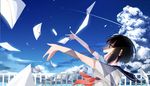  black_hair blue_sky brown_eyes cloud crying crying_with_eyes_open day fence highres letter open_mouth original outstretched_arms red_ribbon ribbon sailor_collar_lift school_uniform serafuku short_hair sky tears wind yuzua 