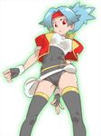  ass ass_visible_through_thighs blue_hair blush breasts cameltoe commentary_request cowboy_shot fingerless_gloves gloves headband hinata_(pokemon) large_breasts looking_at_viewer looking_back navel pokemon pokemon_ranger pokemon_ranger_uniform red_eyes skin_tight solo spandex standing thigh_gap thighhighs zaitsu 