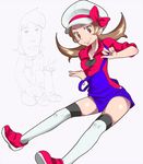  1girl bare_thighs big_hat bow brown_eyes brown_hair hat kotone_(pokemon) overalls pokemon pokemon_(game) pokemon_hgss red_bow ribbon shoes simple_background smile solo suspenders thighhighs twintails white_background zaitsu 