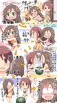  bikini black_bikini brown_eyes brown_hair celebi_ryousangata chibi comic dress food fruit green_eyes hair_ornament himekawa_yuki idolmaster idolmaster_cinderella_girls long_hair mifune_miyu multiple_girls orange_bikini ponytail stick stuffed_animal stuffed_toy swimsuit translation_request watermelon 