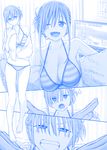  1girl ;d angry announcer-san_(tawawa) bare_shoulders barefoot bikini blue breasts calendar_(object) cleavage clenched_teeth collarbone comic commentary curtains frown full_body getsuyoubi_no_tawawa hair_up half-closed_eyes halterneck himura_kiseki large_breasts maegami-chan_(tawawa) marine_day monochrome o_x one_eye_closed open_mouth pov scowl short_hair sidelocks silent_comic smile solo_focus striped striped_bikini swimsuit teeth television towel 