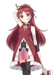  artist_request bare_shoulders black_legwear bow detached_sleeves food food_in_mouth grin hair_bow highres long_hair magical_girl mahou_shoujo_madoka_magica mouth_hold pocky polearm ponytail red_eyes red_hair sakura_kyouko smile solo spear thighhighs transparent_background uchi_no_hime-sama_ga_ichiban_kawaii weapon zettai_ryouiki 
