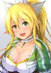  :d absurdres blonde_hair blush braid breasts choker cleavage collarbone commentary_request green_eyes hair_ornament highres kanzaki_kureha large_breasts leafa long_hair looking_at_viewer open_mouth pointy_ears ponytail smile solo sword_art_online twin_braids upper_body 