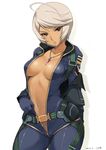  ahoge belt bodysuit breasts dark_skin dated jacket jewelry kiya_shii large_breasts looking_at_viewer navel no_bra pendant short_hair silver_hair simple_background solo sweat uchuu_senkan_yamato uchuu_senkan_yamato_2199 unzipped white_background yamamoto_akira 