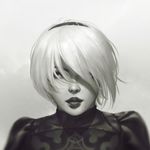  blindfold_removed blurry commentary depth_of_field greyscale hair_over_one_eye hairband krystopher_decker lips looking_at_viewer mole mole_under_mouth monochrome nier_(series) nier_automata no_blindfold portrait short_hair solo yorha_no._2_type_b 