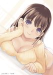  anegasaki_nene blush breasts brown_hair cleavage covered_nipples hand_on_own_cheek kiya_shii large_breasts long_hair looking_at_viewer love_plus lying mole mole_under_eye no_pants on_side panties purple_eyes ribbed_sweater smile solo sweater underwear white_panties 