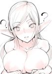  ? are_(arearee) breasts elf highres large_breasts long_hair looking_at_viewer monochrome nipples original pointy_ears topless 