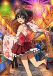  1girl bare_legs black_hair bow brown_eyes candy_apple detached_sleeves festival fireworks japanese_clothes looking_at_viewer necklace shakugan_no_shana shana skirt solo twin_buns yukata 