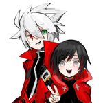  1girl black_hair blazblue blazblue:_cross_tag_battle green_eyes height_difference heterochromia jacket looking_at_another ragna_the_bloodedge red_eyes red_jacket ruby_rose rwby shirotora_(shionn1999) silver_eyes simple_background v white_background white_hair 