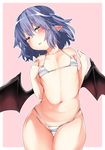  bat_wings bikini blue_hair blush border breasts commentary_request contrapposto cowboy_shot head_tilt highres kz_oji looking_at_viewer navel pink_background pointy_ears red_eyes remilia_scarlet short_hair small_breasts solo standing stomach swimsuit thigh_gap touhou two-tone_background underboob white_background white_bikini white_border wings 