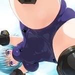  ass black_legwear blue_hair breasts covered_navel dd_(ijigendd) elbow_gloves frame_arms_girl gloves hresvelgr looking_down medium_breasts one-piece_swimsuit purple_eyes school_swimsuit short_hair solo spread_legs swimsuit thighhighs thighs 