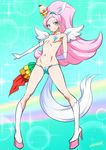  animal_ears aqua_background aqua_hairband arm_behind_back bikini_bottom blue_bikini_bottom blue_eyes boots cure_parfait earrings elbow_gloves food_themed_hair_ornament gloves hair_ornament hairband horse_ears horse_girl horse_tail jewelry joy_ride kirahoshi_ciel kirakira_precure_a_la_mode knee_boots light_particles long_hair looking_at_viewer magical_girl partially_visible_vulva pasties pink_hair precure pussy_peek rainbow signature smile solo sparkle tail white_footwear white_gloves white_wings wings 