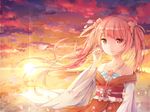  bare_shoulders blush closed_mouth eyebrows_visible_through_hair hatsune_miku highres long_hair looking_at_viewer outdoors pink_eyes pink_hair sakura_miku smile solo sunset twintails upper_body vocaloid yue_yue 