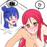  10s 2girls blue_hair breasts drooling eyebrows_visible_through_hair free_chess hair_bun hair_ornament hanging_breasts heart large_breasts long_hair love_live! love_live!_sunshine!! multiple_girls nude open_mouth out-of-frame_censoring purple_eyes red_hair sakurauchi_riko simple_background smile spoken_heart spoken_squiggle squiggle tongue tongue_out tsushima_yoshiko upper_body white_background yellow_eyes yuri 