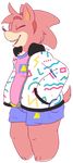  1990s 2017 3_toes alpha_channel amy_rose clothed clothing eyes_closed fur head_tuft headband hedgehog jacket mammal open_mouth open_smile pink_fur shirt shorts signature simple_background smile snafuangel solo sonic_(series) t-shirt toes transparent_background tuft 
