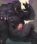  anthro black_scales crocodile crocodilian erection humanoid_penis looking_at_viewer male moobs musclegut muscular muscular_male mystikfox61 nipples nude overweight penis precum red_eyes reptile scales scalie solo 