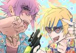  \n/ ao_(miteruzo) blonde_hair chain gold_chain hakua_shou hawaiian_shirt headband heart heart-shaped_eyewear highres jewelry looking_at_viewer male_focus mirokuji_yuuya multiple_boys purple_hair re:creators ring shirt short_hair sidelocks smile star-shaped_eyewear sunglasses thumb_ring thumbs_down tongue tongue_out upper_body water_gun 