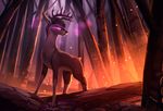  animated brown_hair cervine deer detailed_background feral fire forest hair horn male mammal no_sound purple_eyes rodrigues404 solo tree 