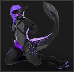  anthro artist_saberhorn bdsm bondage bound claws collar cum deinonychus dinosaur drooling erection male nude open_mouth orgasm penis pussy saliva scalie simple_background theropod toe_claws 
