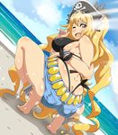  anklet anne_bonny_(fate/grand_order) anne_bonny_(swimsuit_archer)_(fate) beach blonde_hair breasts butt_crack cloud cloudy_sky day denim denim_shorts dimples_of_venus dutch_angle fate/grand_order fate_(series) hat highres jewelry kani_club large_breasts long_hair looking_at_viewer looking_back open_mouth outdoors pirate_hat red_eyes short_shorts shorts sideboob sky smile solo sparkle squatting thighs thong tiptoes very_long_hair 