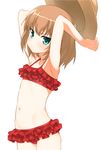  armpits arms_up bangs bikini brown_hair closed_mouth commentary_request cowboy_shot flat_chest frilled_bikini frills from_side girls_und_panzer glaring green_eyes hat hat_removed hatakenaka_(kamagabuchi) head_tilt headwear_removed highres katyusha looking_at_viewer navel red_bikini short_hair simple_background solo swimsuit white_background 