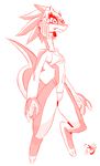  3_toes 4_fingers bikini breasts clothing digitigrade drauk ever_oasis female lemuzaur monochrome nintendo simple_background small_breasts solo swimsuit toes video_games white_background 