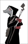  bag book clothing grey_scales keebles kobold magic_user male red_eyes robe scales scalie slit_pupils staff 
