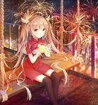  bad_id bad_pixiv_id black_legwear blush brown_eyes brown_hair character_request closed_mouth copyright_request eyebrows_visible_through_hair fireworks halo highres lantern long_hair looking_at_viewer sitting smile solo thighhighs twintails yue_yue 