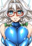  alternate_costume bangs bare_shoulders bespectacled blue_eyes blue_gloves blue_leotard bow braid breast_press breasts covered_nipples deep_skin elbow_gloves glasses gloves green_bow grey_hair grin hair_between_eyes hair_bow highres izayoi_sakuya large_breasts leotard lips looking_at_viewer red-framed_eyewear shiny shiny_clothes shiny_skin side_braid signature smile solo tajima_yuuki touhou twin_braids 