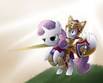  anthro armor big_eyes big_head canine clothing duo equine female feral fox friendship_is_magic fur green_eyes gumandpeanuts17 hair horn knight male mammal melee_weapon miles_prower multicolored_hair my_little_pony shield size_difference smile sonic_(series) sweetie_belle_(mlp) sword toony two_tone_hair unicorn video_games weapon young 