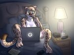  2016 anthro bed breasts casual_nudity clock computer controller convenient_censorship disney fabienne_growley feline female fur glass green_eyes heresy_(artist) hi_res lamp laptop leopard mammal notebook nude open_mouth phone remote_control snow_leopard solo spots spotted_fur water zootopia 