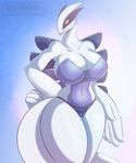  2017 anthro big_(disambiguation) big_breasts breasts clothing fangs featureless_breasts female kyodashiro legendary_pok&eacute;mon lugia navel nintendo panties pok&eacute;mon red_eyes solo thick_thighs underwear video_games watermark 