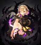  axe bangs barefoot black_dress blonde_hair blush braid briar_rose_(sinoalice) commentary_request crown_braid doll dress eyebrows_visible_through_hair frilled_sleeves frills half-closed_eye hand_up looking_at_viewer one_eye_closed parted_lips short_hair sinoalice sitting solo thorns weapon yakibird yellow_eyes 