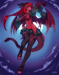  anthro breasts clothed clothing female hair hi_res hybrid kardie mammal membranous_wings moon night outside red_eyes red_hair red_skin reptile scalie sky smile snake solo wide_hips wings 