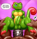  abdominal_bulge animal_genitalia animal_penis balls big_penis blue_eyes brown_fur chameleon claws dialogue duo equine equine_penis fur green_scales horse huge_penis lizard male male/male mammal modca muscular muscular_male pecs penis precum reptile scales scalie size_difference small_dom_big_sub yooka yooka-laylee 