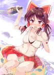  :o alcohol alternate_costume armband bare_legs bare_shoulders barefoot bikini blush bottle bow breasts brown_eyes brown_hair cleavage collarbone commentary_request foreshortening hair_bow hair_tubes hakurei_reimu innertube long_hair looking_at_viewer open_mouth puuakachan red_bow red_skirt sake_bottle skirt small_breasts solo sweat swimsuit touhou v-shaped_eyebrows white_bikini 