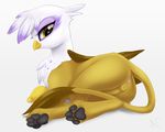  2017 absurd_res anus avian beak black_pawpads brown_feathers butt feathers female feral friendship_is_magic gilda_(mlp) gryphon hi_res kinkypinkie looking_back my_little_pony pawpads pussy simple_background solo tail_tuft tuft white_background white_feathers yellow_eyes 