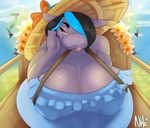  anthro big_breasts breasts clothed clothing dress female flower hair hat hippopotamus huge_breasts looking_at_viewer mammal nipple_bulge nite outside overweight plant solo tongue tongue_out 