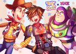  blue_eyes buzz_lightyear highres kingdom_hearts kingdom_hearts_iii locked_arms male_focus multiple_boys one_eye_closed pixar sheriff_woody smile sora_(kingdom_hearts) spacesuit spiked_hair toy toy_story 