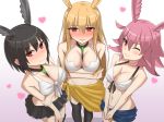  3girls absurdres bikini black_hair blonde_hair breasts cleavage collarbone commentary_request elfenlied22 fate/grand_order fate_(series) head_wings heart highres hildr_(fate/grand_order) long_hair looking_at_viewer looking_up medium_breasts midriff multiple_girls one_eye_closed ortlinde_(fate/grand_order) pink_hair red_eyes sartong short_hair skirt swimsuit thrud_(fate/grand_order) valkyrie_(fate/grand_order) 