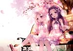  54hao :d bench chestnut_mouth dress flower hair_ornament halterneck highres long_hair looking_at_viewer multiple_girls open_mouth original picnic_basket pink_hair purple_eyes purple_hair sandals siblings sisters sitting sitting_on_bench smile twins white_dress 