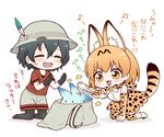 animal_ears backpack backpack_removed bag black_gloves black_hair black_legwear blush bow bowtie chibi closed_eyes commentary elbow_gloves gloves hat hat_feather helmet high-waist_skirt in_bag in_container kaban_(kemono_friends) kemono_friends kneeling lucky_beast_(kemono_friends) migu_(migmig) motion_lines multiple_girls open_mouth orange_eyes orange_hair pantyhose pith_helmet red_shirt serval_(kemono_friends) serval_ears serval_print serval_tail shirt short_hair short_sleeves shorts simple_background skirt sleeveless sleeveless_shirt striped_tail swatting tail thighhighs translated white_background 